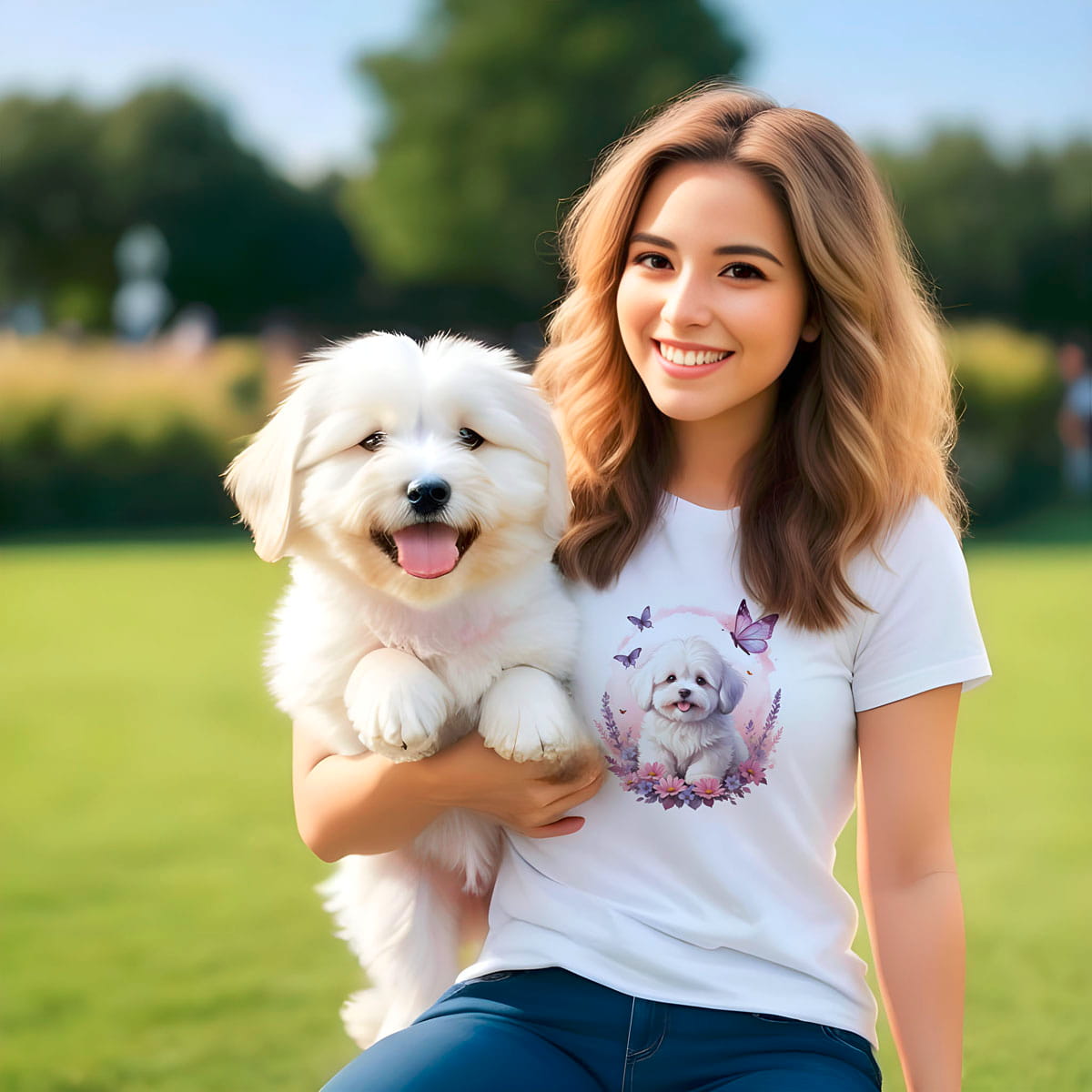Women sitting at a park, holding a coton de tulear puppy, she is wearing a white crew neck short sleeve t-shirt with a colorful hand-drawn Coton de tulear puppy graphic sitting in a floral garden.