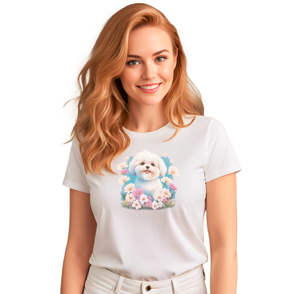 White crew neck short sleeve t-shirt with a colorful hand-drawn Coton de tulear puppy graphic sitting in a floral garden. Woman models the shirt, close up showing bold dog art, cute pet-themed fashion