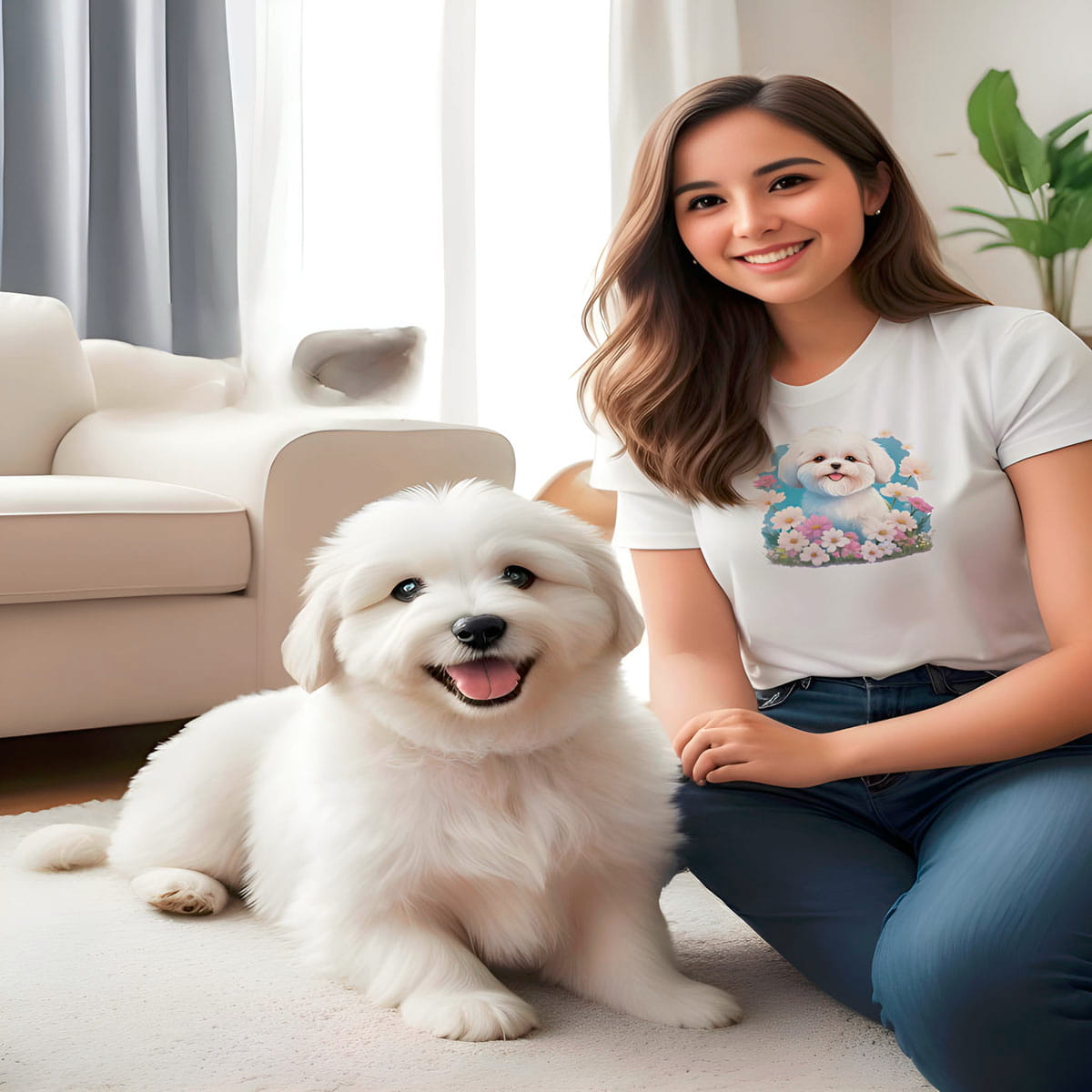 White crew neck short sleeve t-shirt with a colorful hand-drawn Coton de tulear puppy graphic sitting in a floral garden. Woman wear the shirt, close to her a cute coton de tulear laying on carpet floor