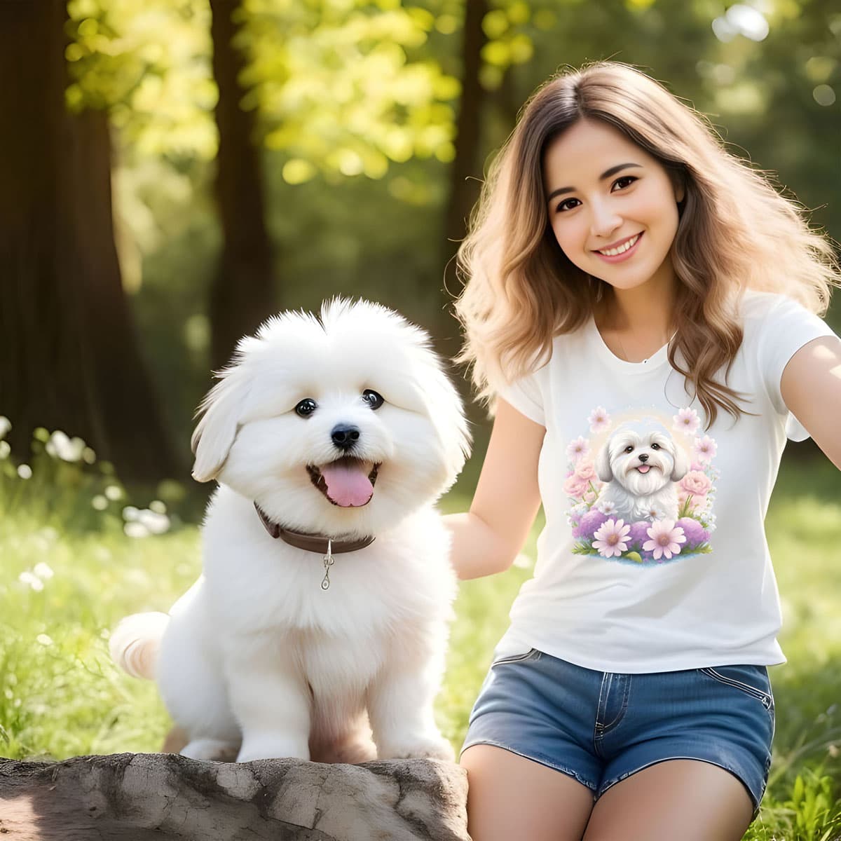 Women sitting outside, close to her a coton de tulear puppy, wearing a white crew neck short sleeve t-shirt with a colorful hand-drawn Coton de tulear puppy graphic sitting in a floral garden.