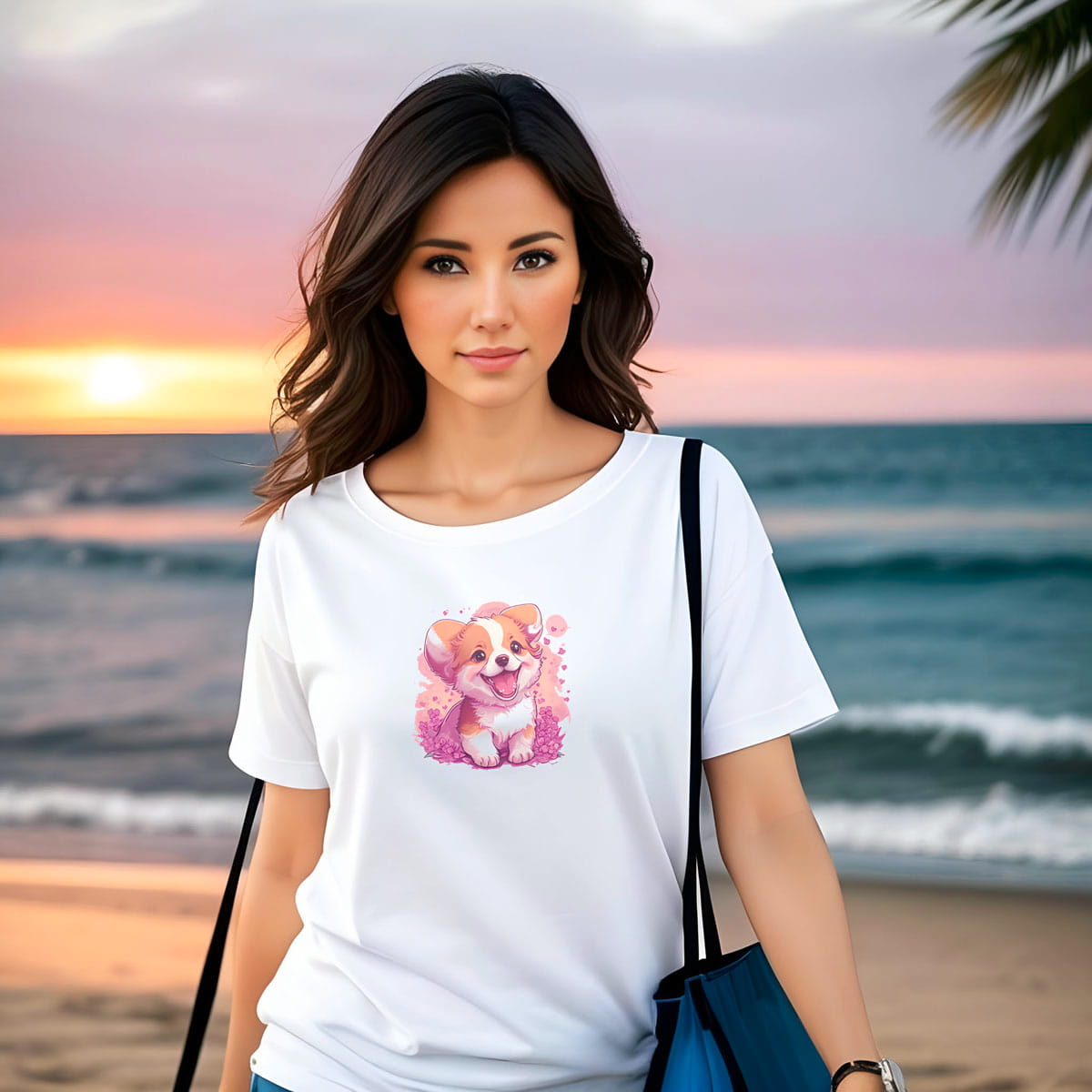 Women enjoying the beach, wearing a white crew neck short sleeved t-shirt, feature a graphic vibrant colorful hand-drawn puppy dog face in vibrant purple/pink hue palette in a floral garden