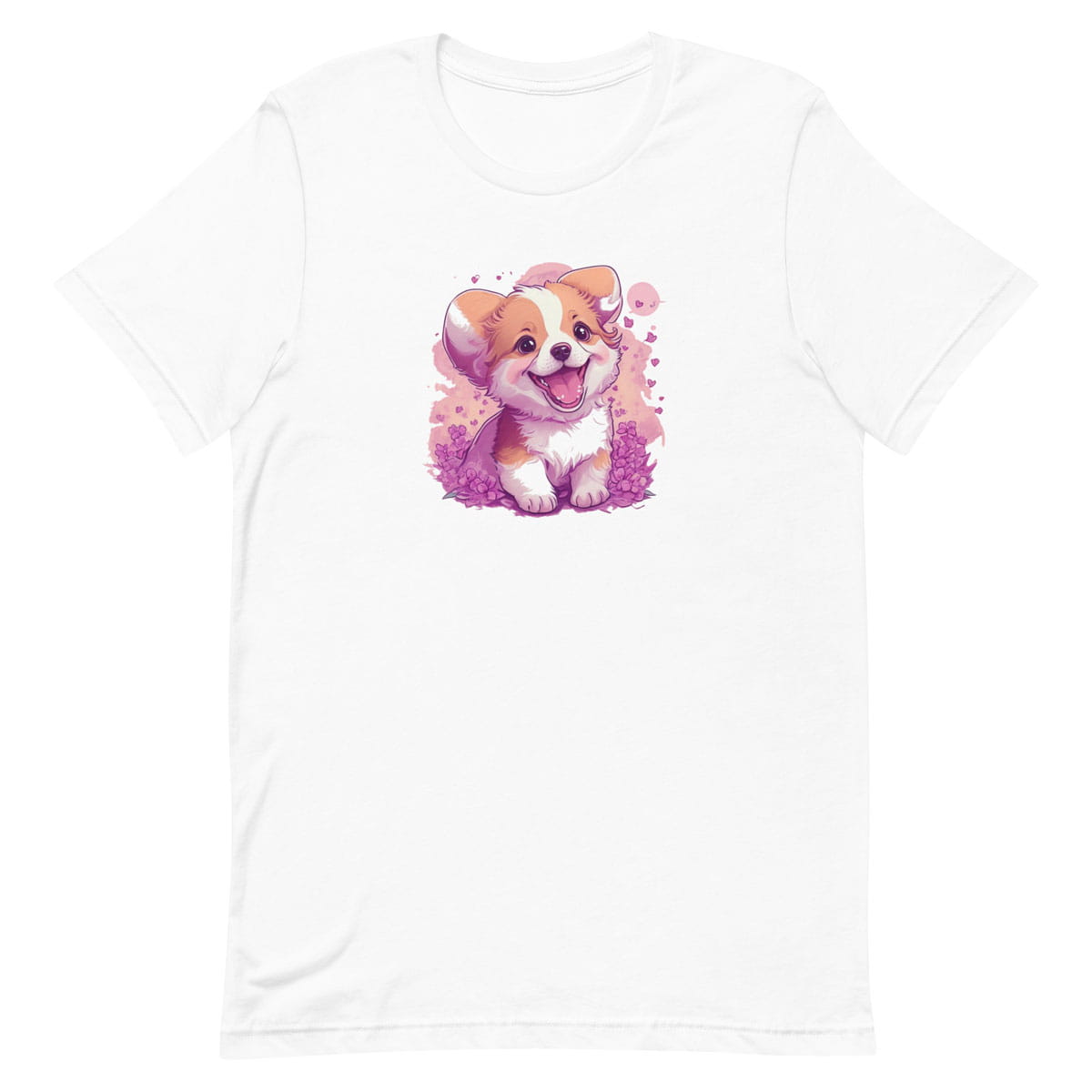 White crew neck short sleeved t-shirt, feature a graphic vibrant colorful hand-drawn puppy dog face in vibrant purple/pink hue palette in a floral garden