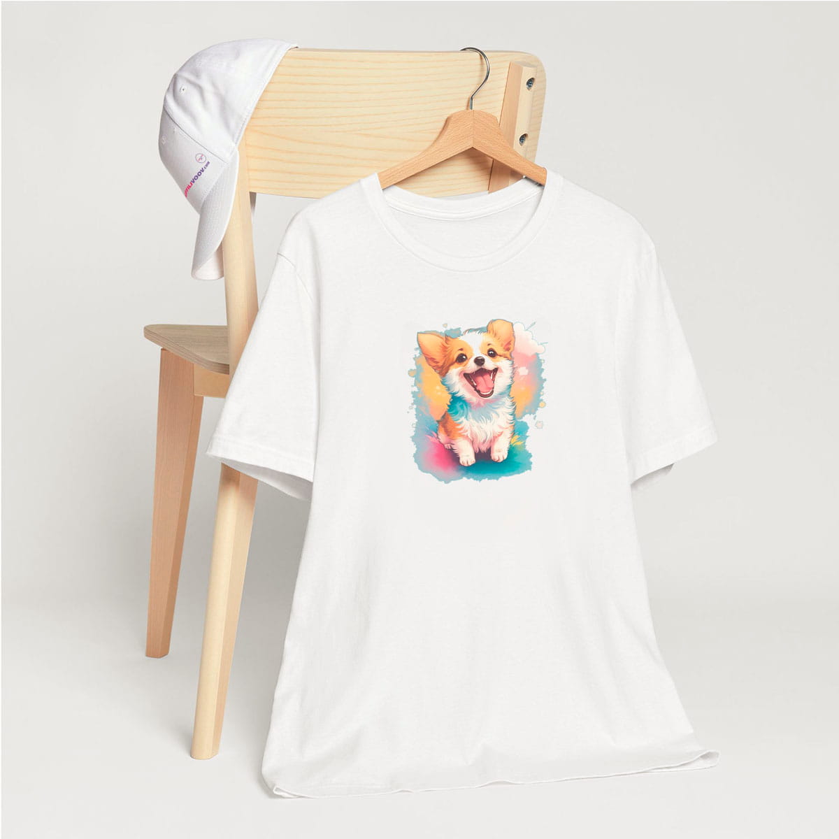 White crew neck short sleeved t-shirt, feature a graphic vibrant colorful hand-drawn corgi puppy standing, happy face in vibrant palette in a floral garden. T-shirt hanging on chair shown in close-up to highlight print and size