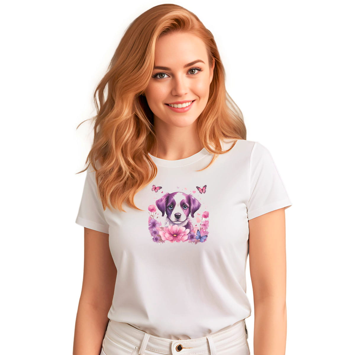 White crew neck short sleeved t-shirt, feature an intricate colorful hand-drawn lively puppy amidst a blooming wicker basket garden. Female model shown in close-up to highlight print and fit.