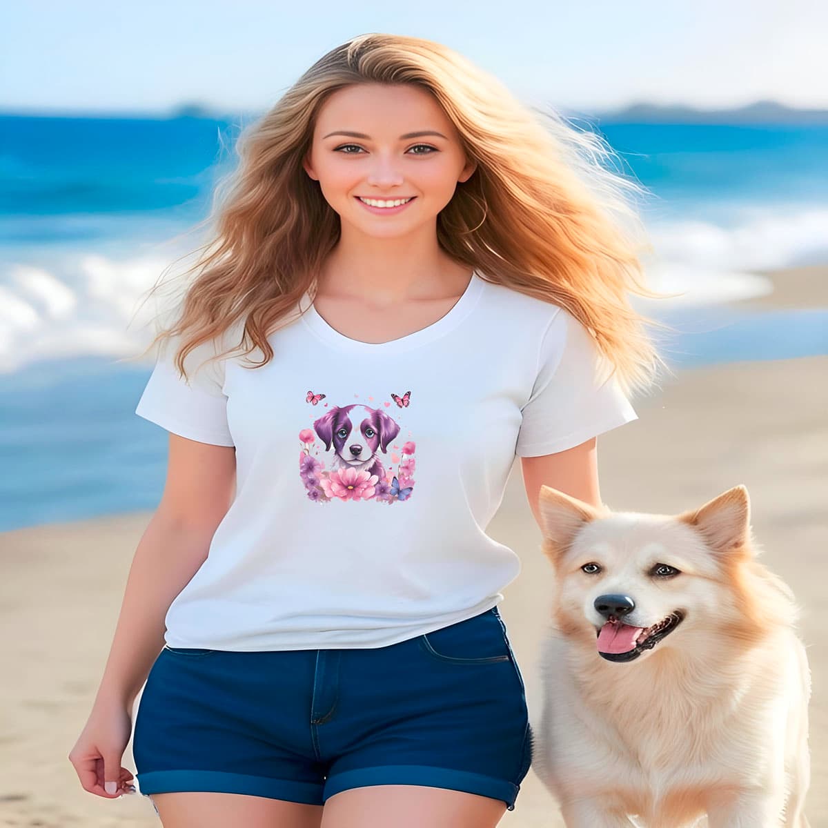Women walking at a beach, with a dog, she is wearing a white crew neck short sleeved t-shirt, feature an intricate colorful hand-drawn lively puppy amidst a blooming wicker basket garden.