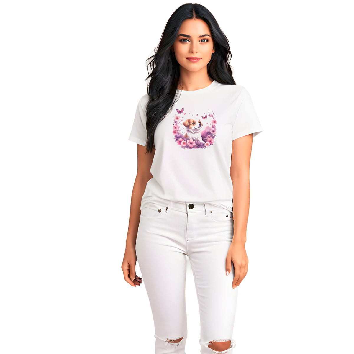 White crew neck short sleeved t-shirt, feature an intricate colorful hand-drawn lively puppy amidst a blooming wicker floral and butterfly basket garden. Female model shown in close-up to highlight print and fit.