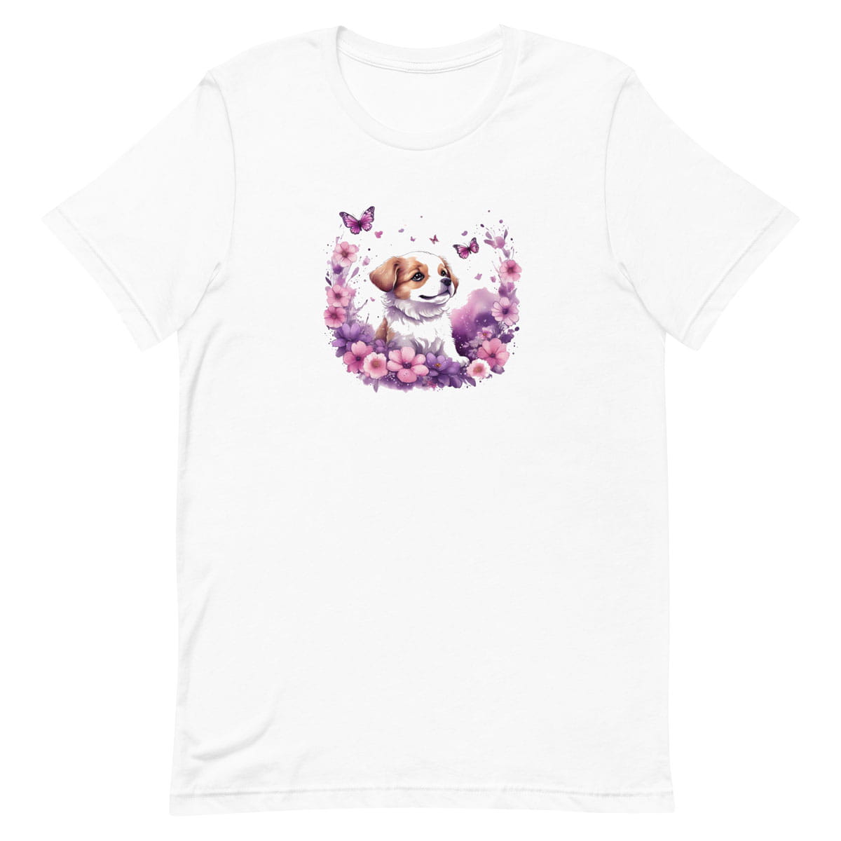 White crew neck short sleeved t-shirt, feature an intricate colorful hand-drawn lively puppy amidst a blooming wicker floral and butterfly basket garden