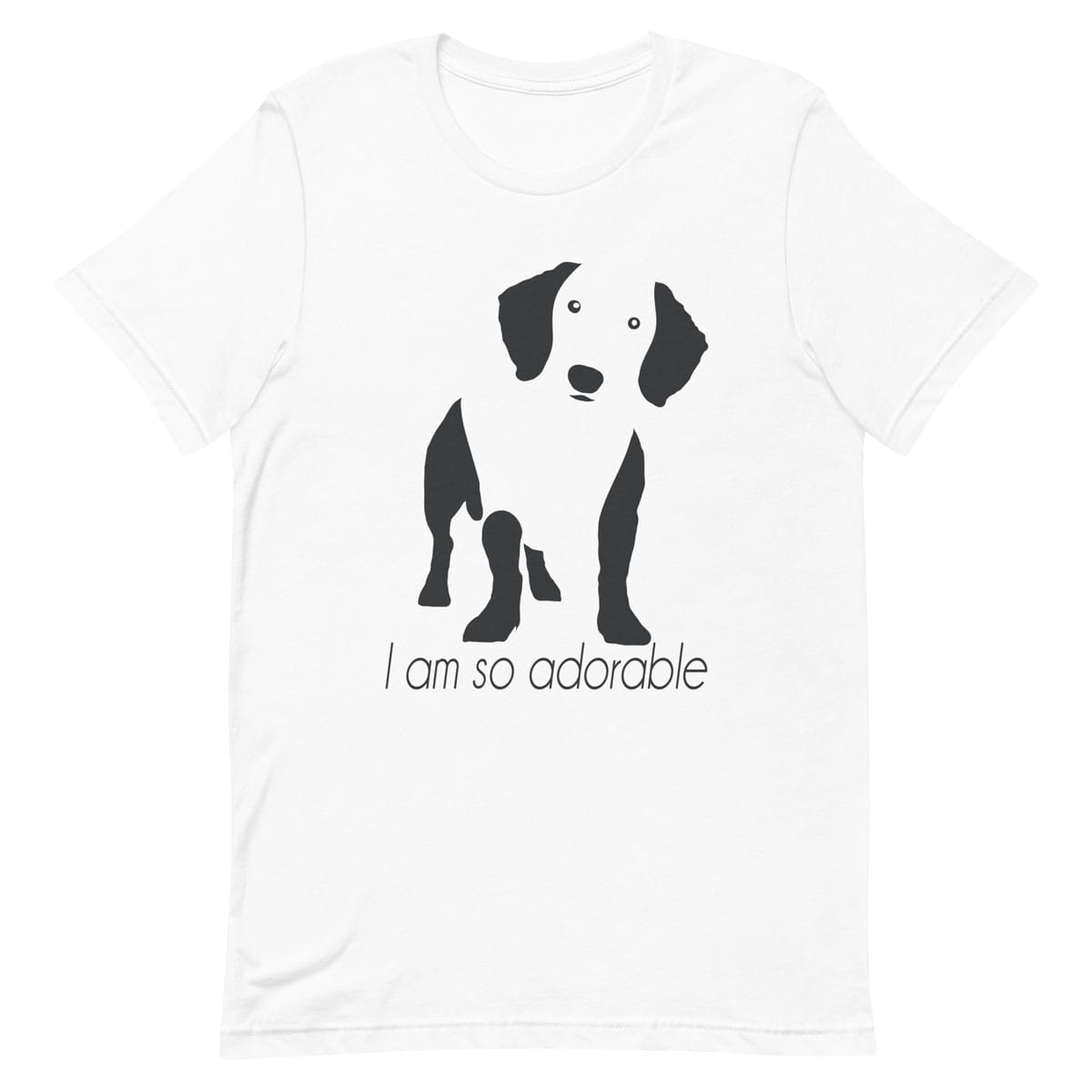 White crew neck short sleeved t-shirt, feature a feature a standing dachshund in black/white silhouette with quote "I am so adorable".