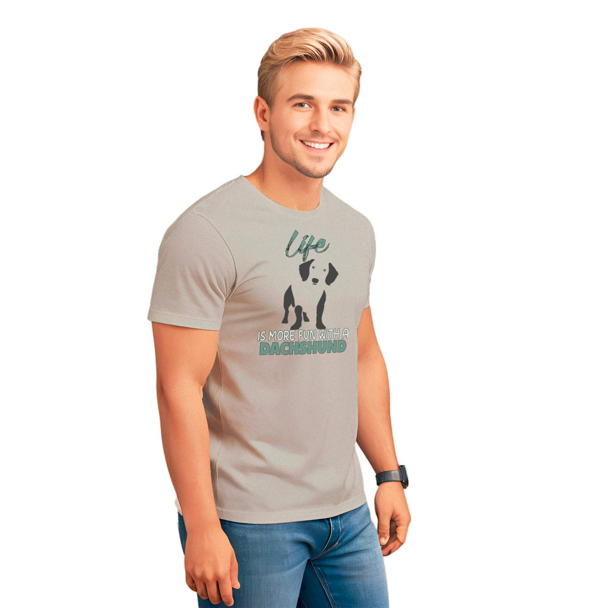 Gray unisex short sleeved cotton t-shirt worn by male model, showing Dachshund silhouette and “Life is more fun with a Dachshund” quote printed across the chest.