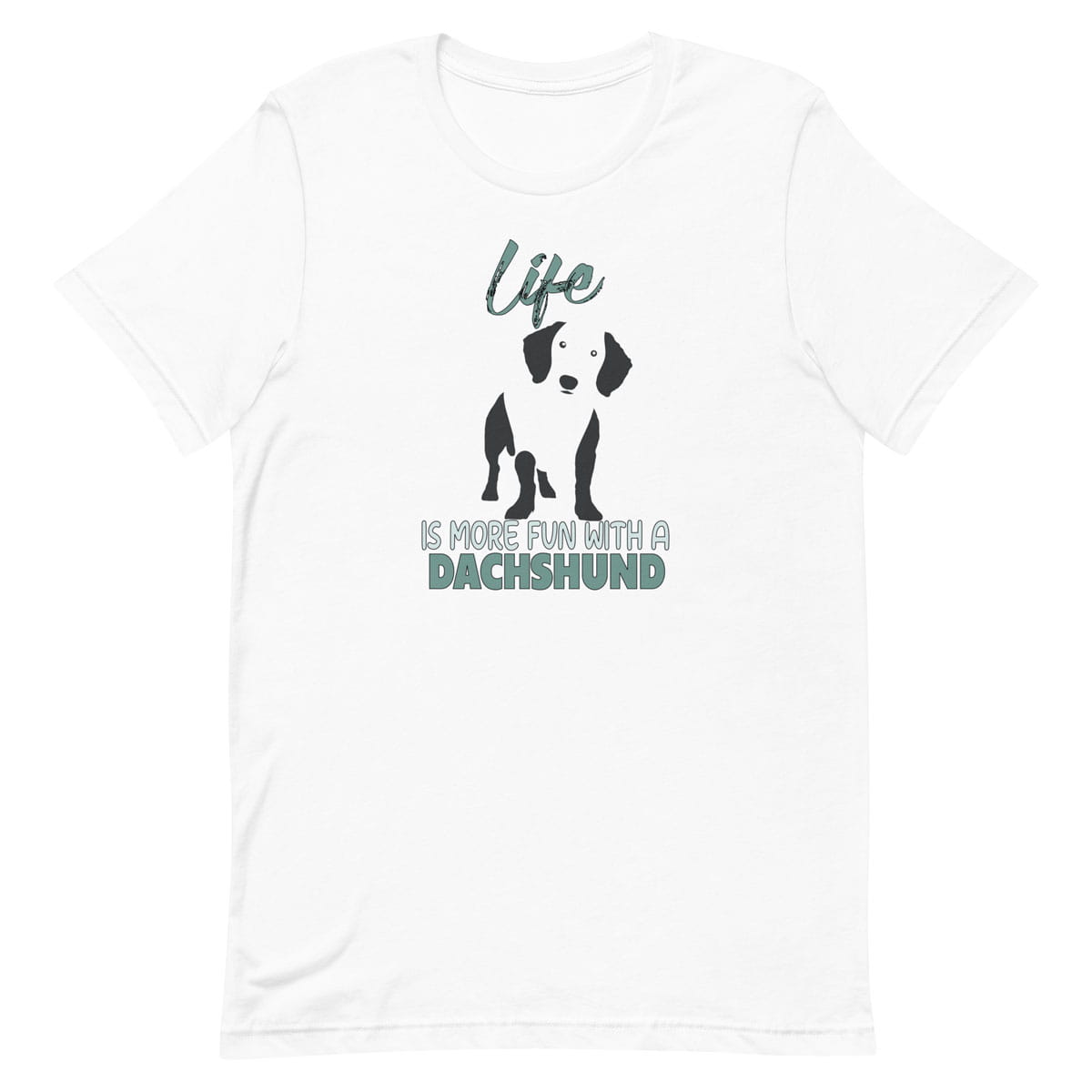 This white unisex crew neck t-shirt is made from 100% soft cotton and features a playful Dachshund silhouette paired with the feel-good quote, “Life is more fun with a Dachshund