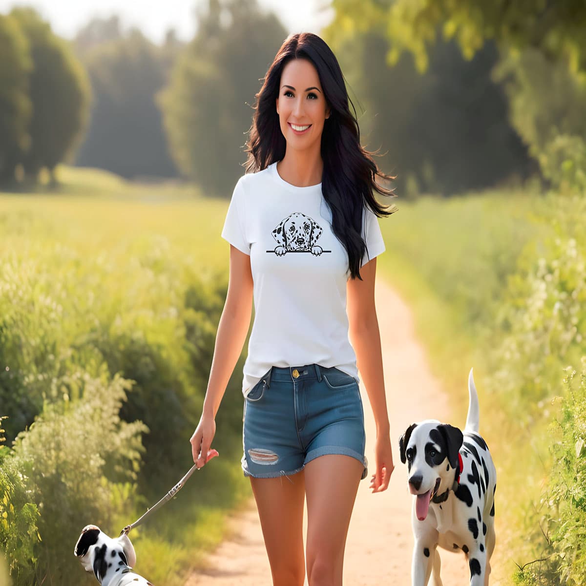 Women walking two Dalmatian at the forest pathway, she is wearing a white crew neck short sleeved t-shirt, feature a cute adorable Dalmatian puppy Face.