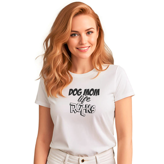 White crew neck short sleeved t-shirt, feature fun quote and statement" Dog Mom Rocks" in 3d black/white graphic. Female model shown in close-up to highlight print and fit.