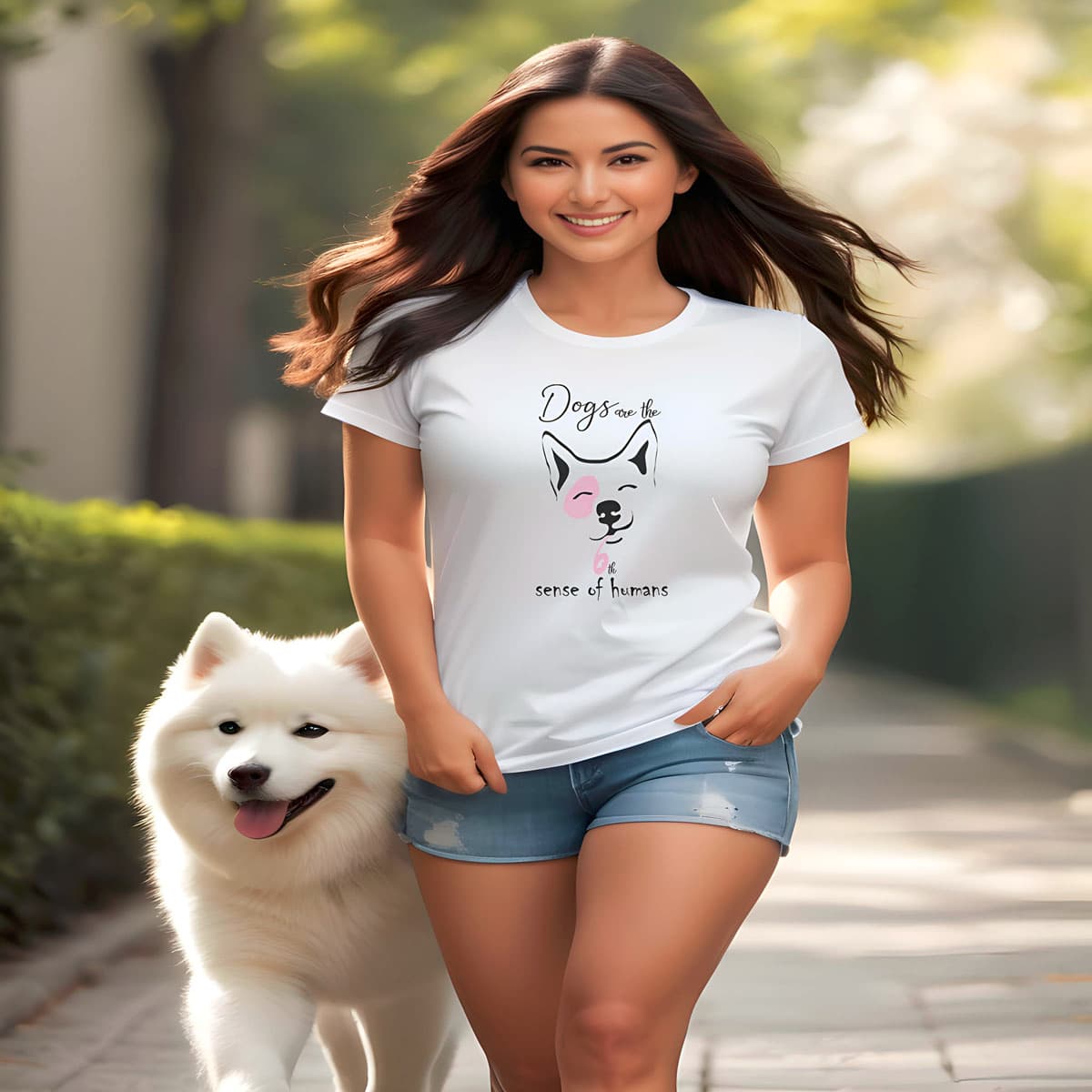 Women walking with an adorable dog, wearing a white crew neck short sleeved t-shirt, feature an adorable corgi face squint-eyed pooch backed by the humorous text "dogs are the 6th sense of humans.