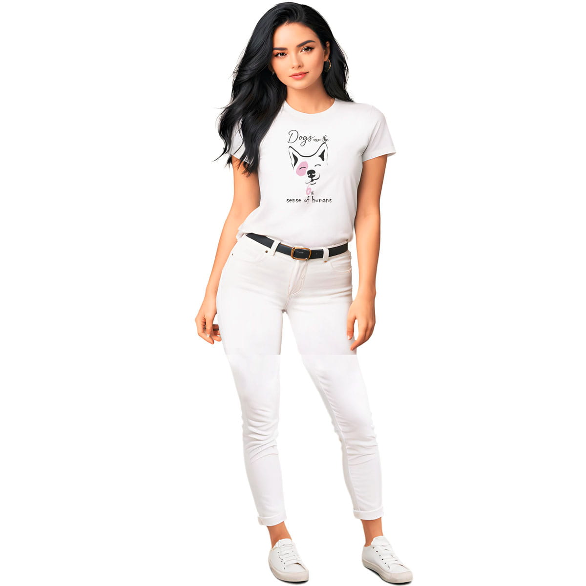 White crew neck short sleeved t-shirt, feature an adorable corgi face squint-eyed pooch backed by the humorous text "dogs are the 6th sense of humans. Female model shown in close-up to highlight print and fit.