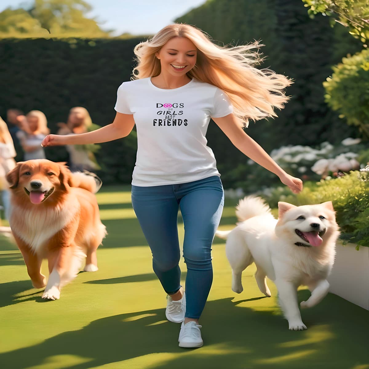 Women playing with dogs in a garden, wearing a white crew neck short sleeved t-shirt, feature a fun statement, quote "dogs are girls best friends". Fun, relaxed and summer vibe.