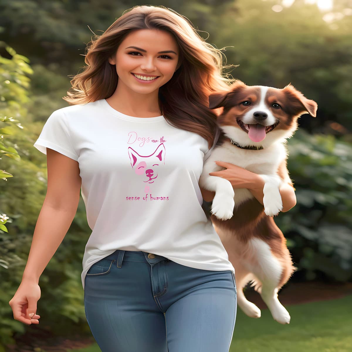 Women holding a dog close to her, wearing a white crew neck short sleeved t-shirt, feature a cute happy corgi dog face, with a fun statement, quote with a twist ”Dogs are the 6th sense of humans” happy dog bond, fun relaxed