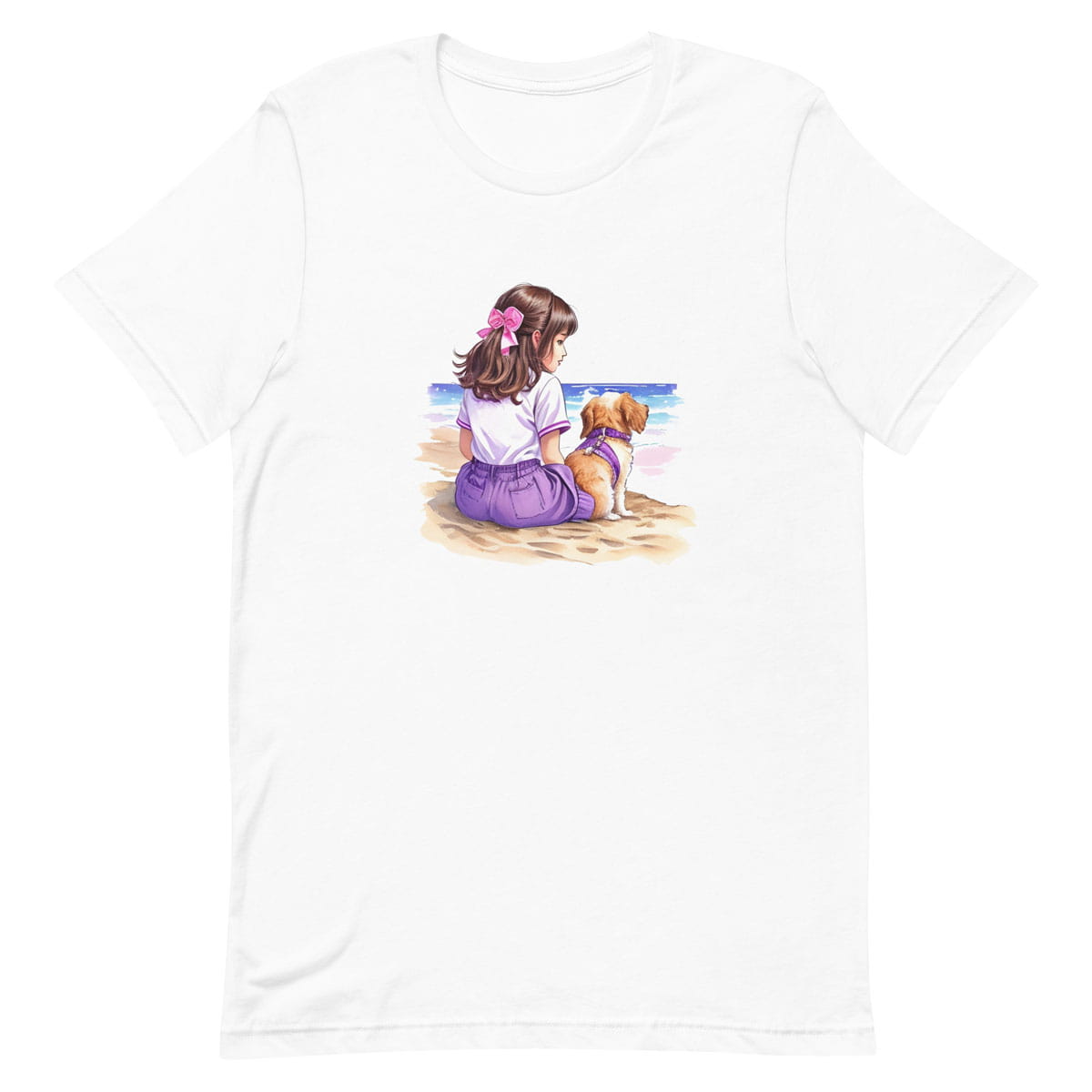 White crew neck short sleeved t-shirt, boasting a lively scene of a cute puppy and a girl basking on a beach vista.