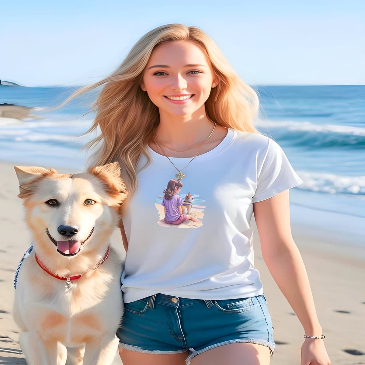 Women walking on the beach, with a dog close, she is wearing a white crew neck short sleeved t-shirt, feature a lively puppy and girl duo splashed across your tee in vivid watercolor.
