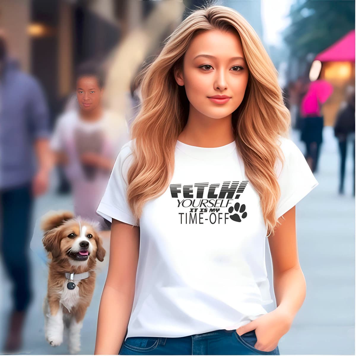 Women walking at pedestrian street, followed by dog tailing. She is wearing a White crew neck short sleeved t-shirt, feature a fun statement, quote Fetch yourself it is my time-off.