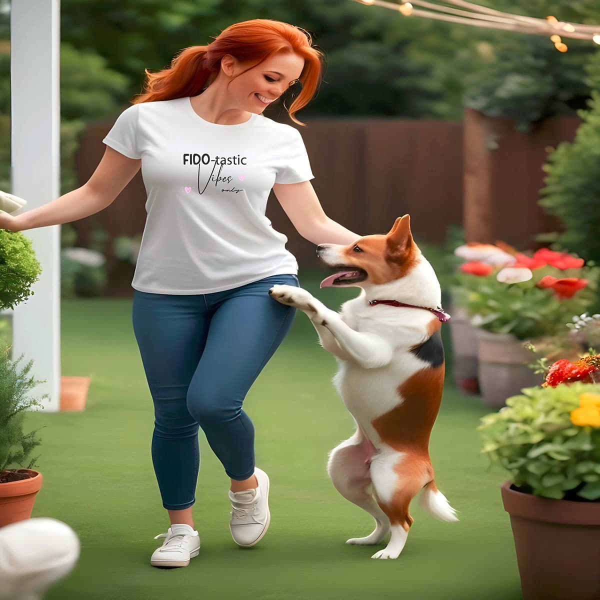 Women smiling having fun with a dog in a garden, she is wearing a white crew neck short sleeved t-shirt, feature a fun statement, quote ”Fido-tastic Vibes Only”.