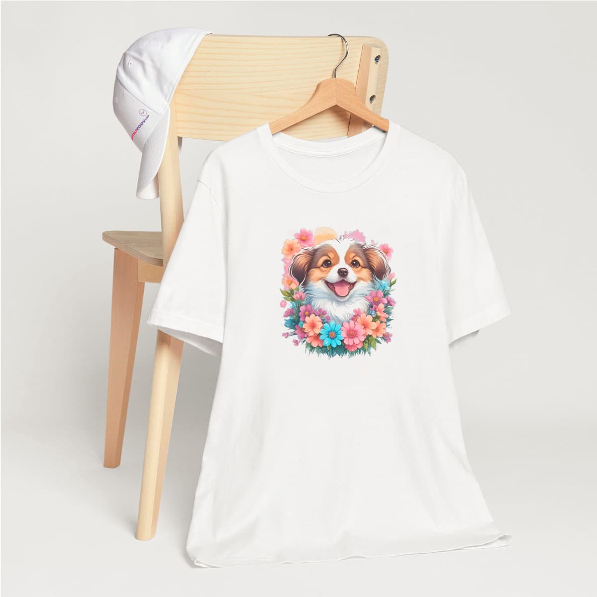 White crew neck short sleeved t-shirt, feature a vibrant floral design with an adorable Aussie Shepherd pup amidst a blossoming paradise. T-shirt hanging on chair shown in close-up to highlight print and size