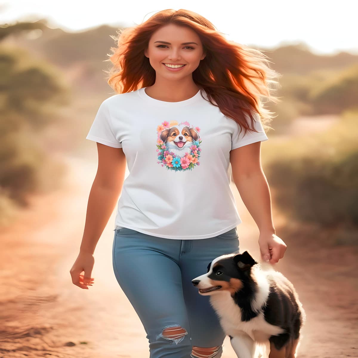 Women walking outdoor, with a dog. She is wearing a white crew neck short sleeved t-shirt, feature a vibrant floral design with an adorable Aussie Shepherd pup amidst a blossoming paradise