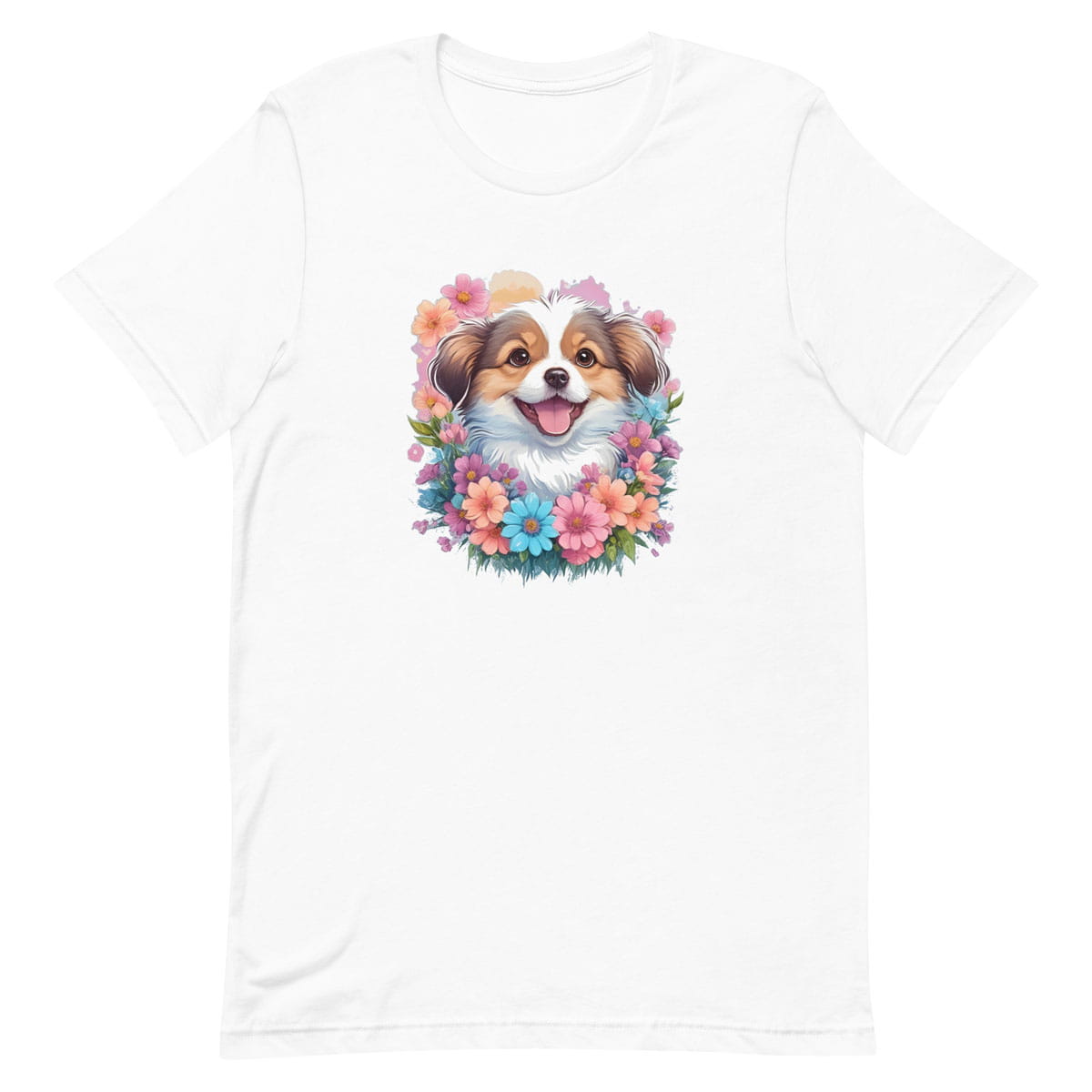 White crew neck short sleeved t-shirt, feature a vibrant floral design with an adorable Aussie Shepherd pup amidst a blossoming paradise