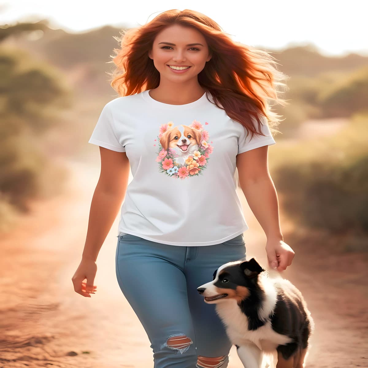 Women walking outdoor, with a dog, she is wearing a white crew neck short sleeved t-shirt, features an adorable Australian shepherd puppy, nestled amidst a fragrant floral bounty in a charming wicker basket.