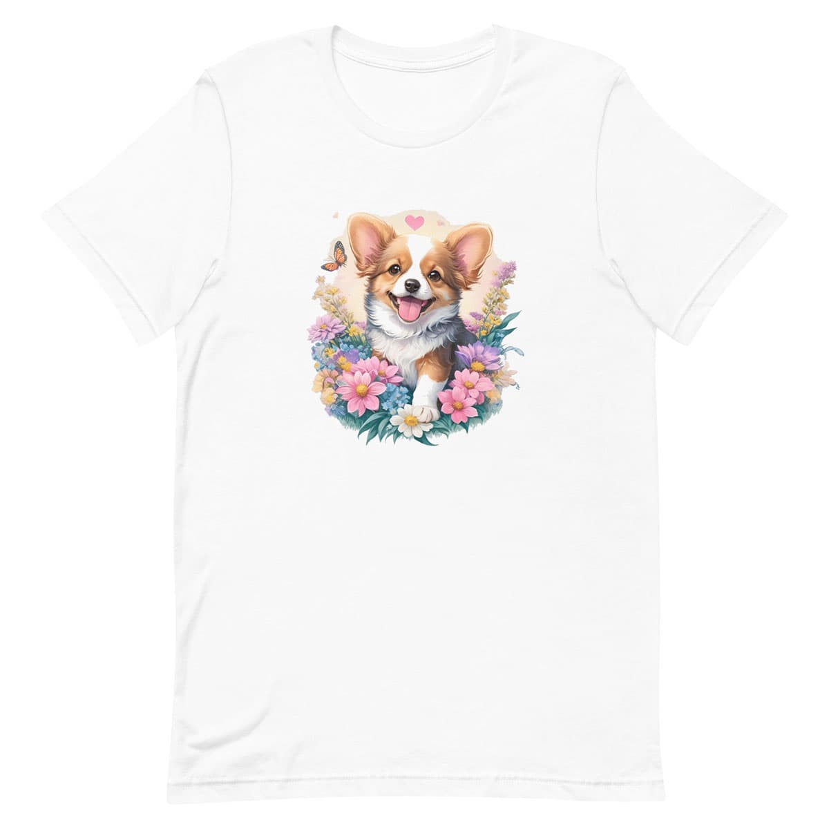 White crew neck short sleeved t-shirt, featuring an enchanting corgi puppy nestle in hearts, butterflies and vibrant colorful garden.