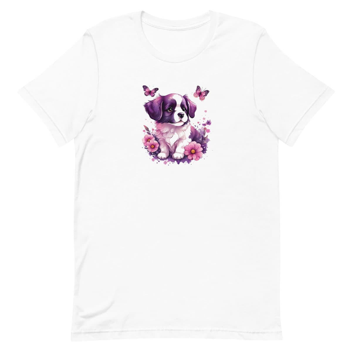 White crew neck short sleeved t-shirt,Feature a vibrant, adorable puppy nestled amidst a flourishing bouquet in a rustic wicker basket.