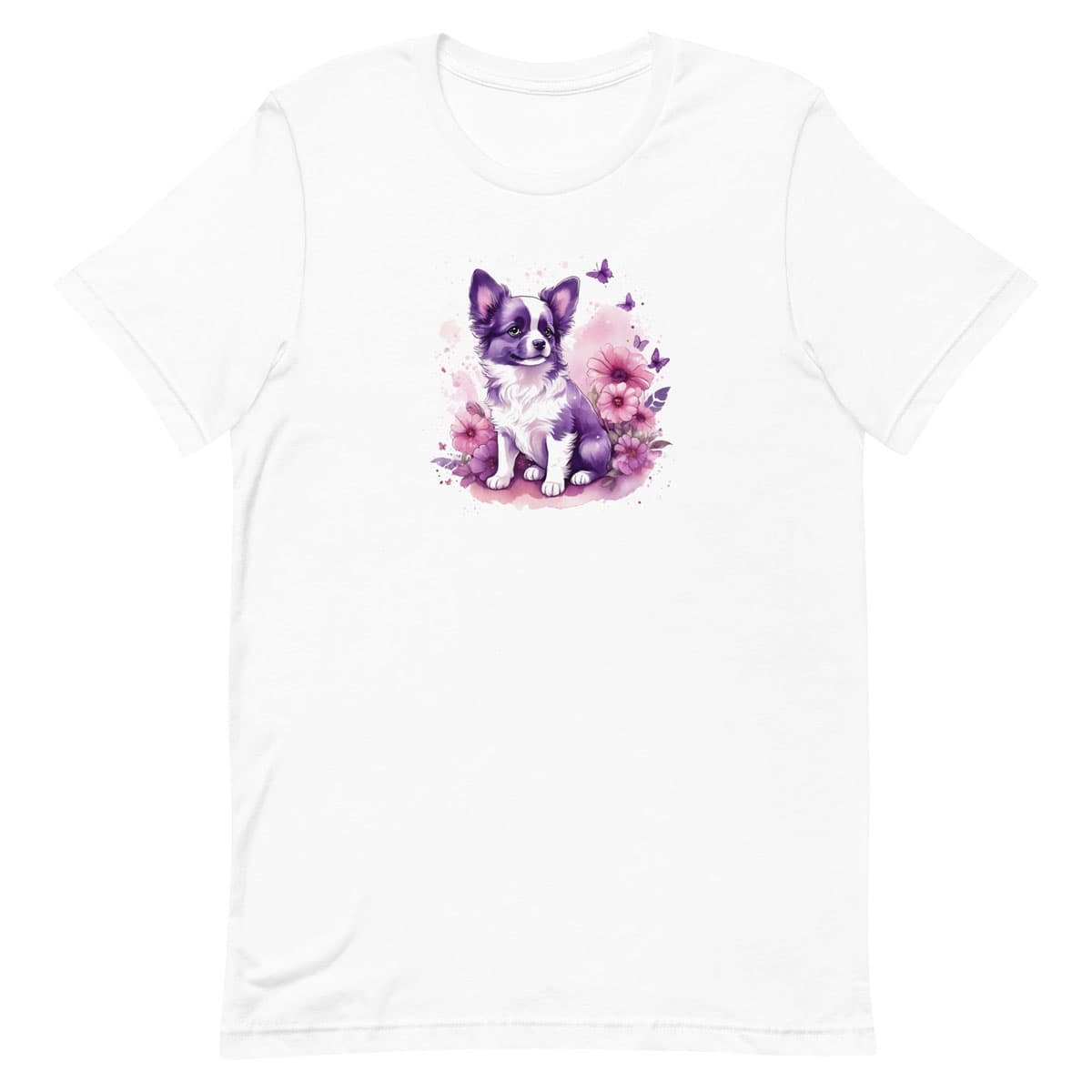 White crew neck short sleeved t-shirt, features an adorable, lively puppy amidst a vibrant wicker basket brimming with floral splendor and playful butterflies.