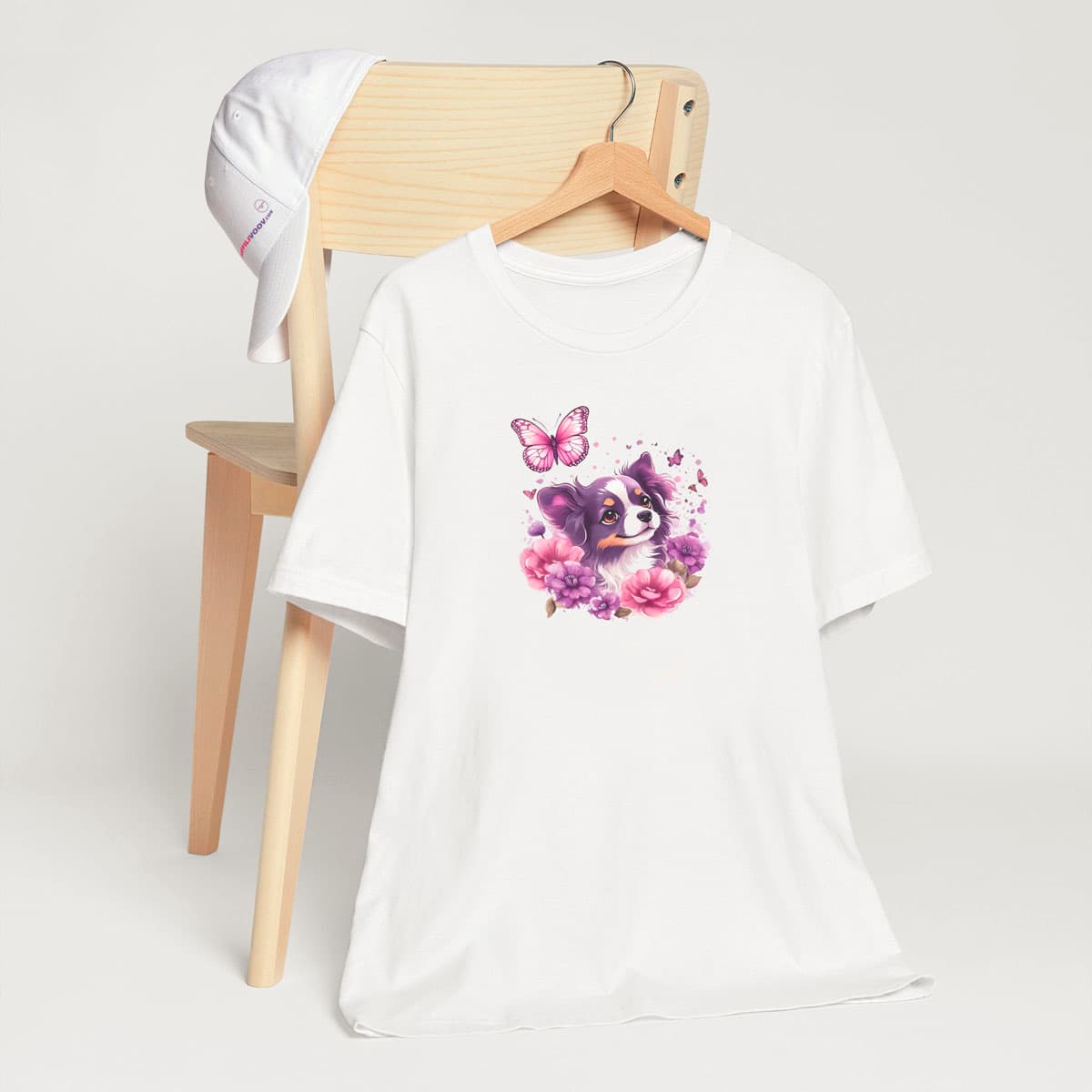 White crew neck short sleeved t-shirt, featuring an adorable puppy nestled amidst a blooming wicker-basket garden. White crew neck short sleeved t-shirt, featuring an adorable puppy nestled amidst a blooming wicker-basket garden.