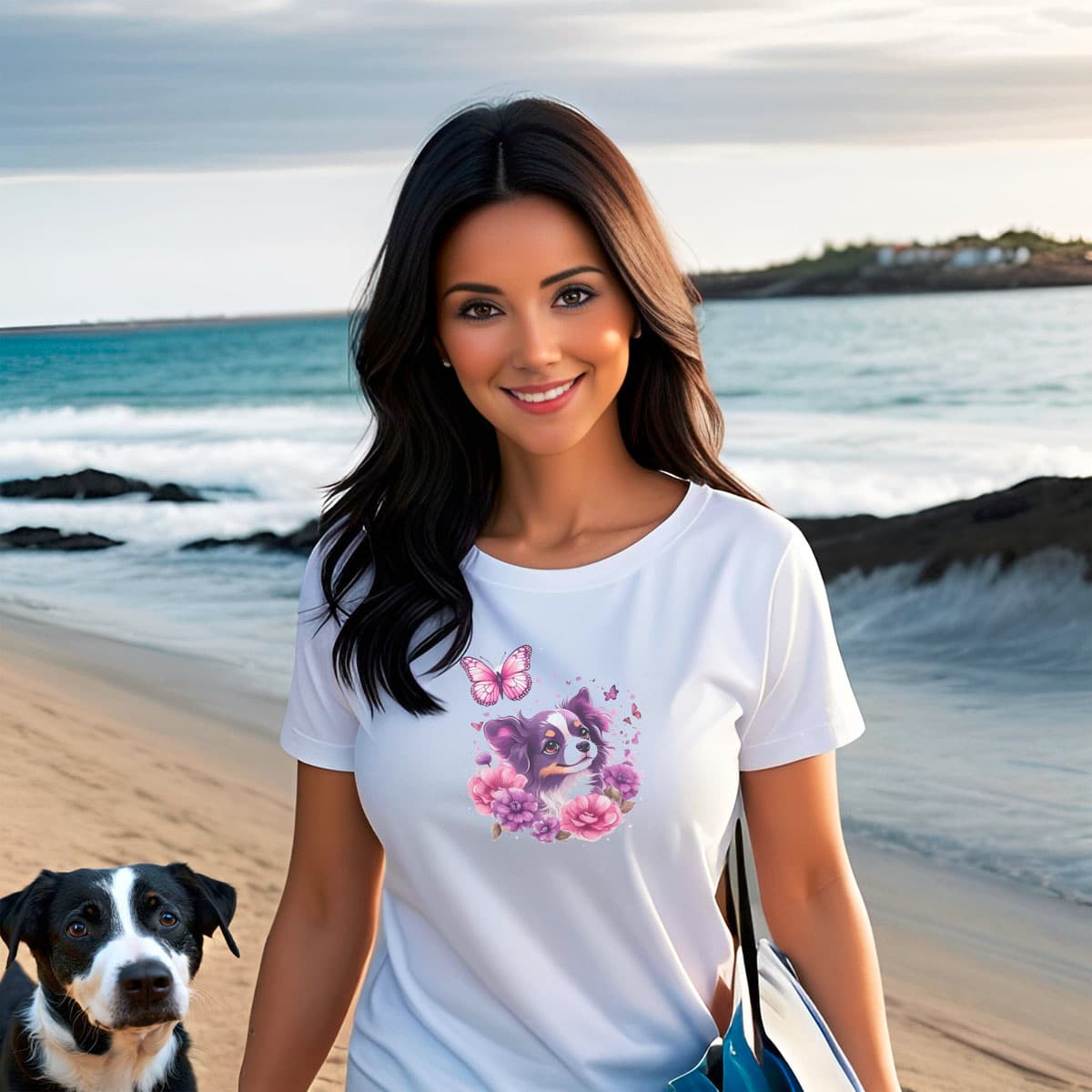 Women walking at a beach, with a dog. She is wearing a White crew neck short sleeved t-shirt, featuring an adorable puppy nestled amidst a blooming wicker-basket garden.