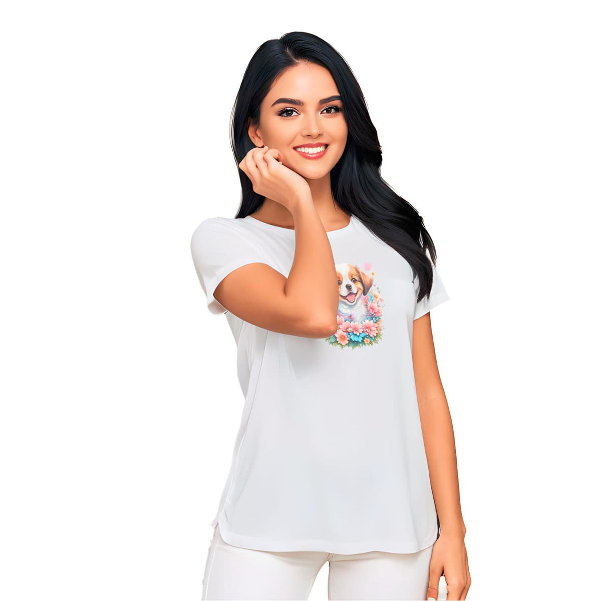 White crew neck short sleeved t-shirt, showcases an adorable Australian shepherd pup amidst a floral fiesta. Female model shown in close-up to highlight print and fit.