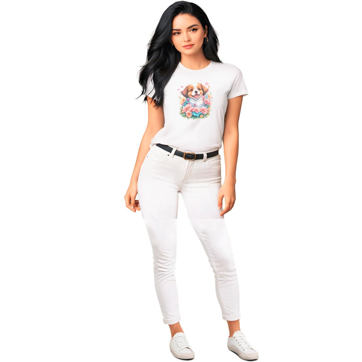 White crew neck short sleeved t-shirt, showcases an adorable Australian shepherd pup amidst a floral fiesta. Female model shown in close-up to highlight print and fit.