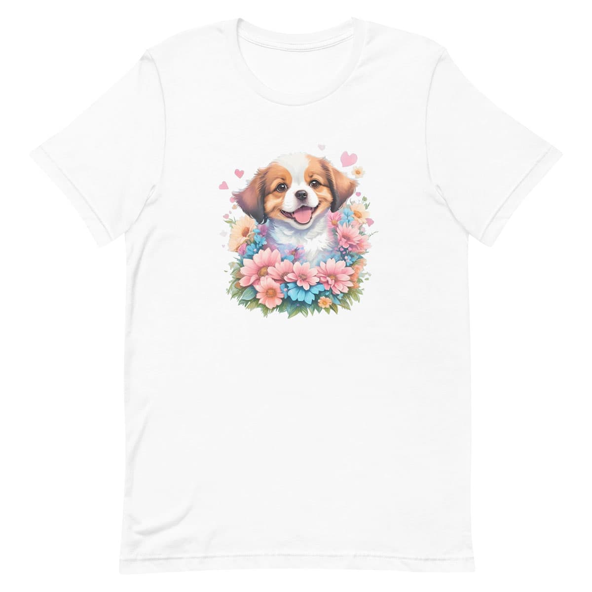 White crew neck short sleeved t-shirt, showcases an adorable Australian shepherd pup amidst a floral fiesta. Female model shown in close-up to highlight print and fit.