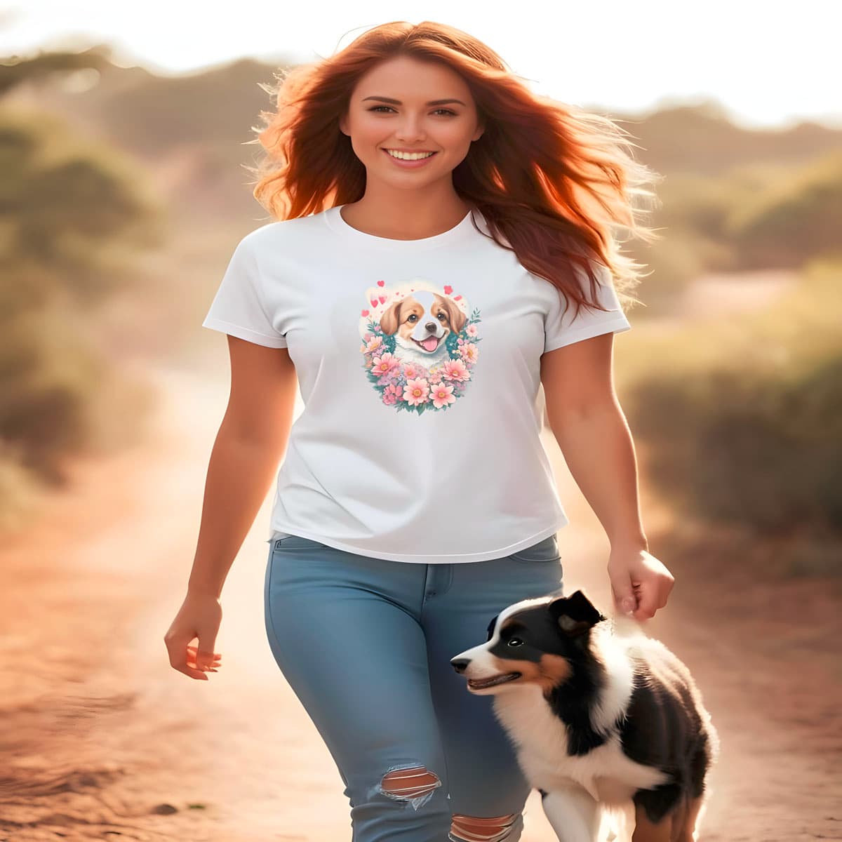 Women walking with a dog, she is wearing a white crew neck short sleeved t-shirt, Showcases an adorable happy Spaniel pup, nestled among a bloom-filled wicker basket.