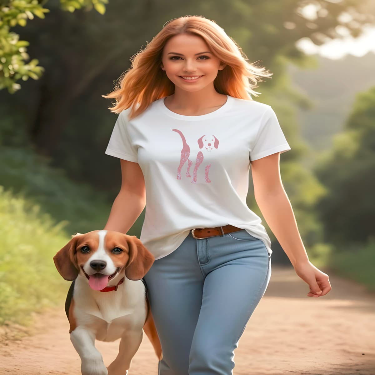 Women walking at a country side, with a beagle. She is smiling, wearing a white crew neck short sleeved t-shirt, features a cute Beagle silhouette graphic print, surrounded by a delightful flower and pattern design in vibrate colors and shades