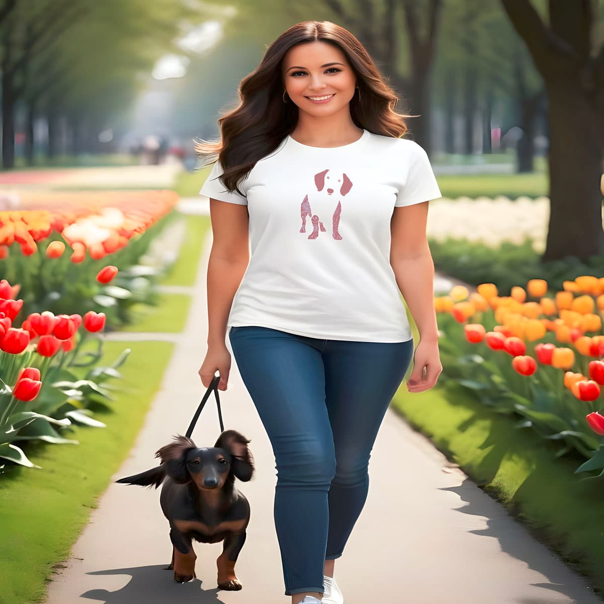 Women walking in a tulip park, with a cute dachshund in leash. She is smiling wearing a white crew neck short sleeved t-shirt, feature a Dachshund silhouette with floral and swirl pattern design in vibrant colors.