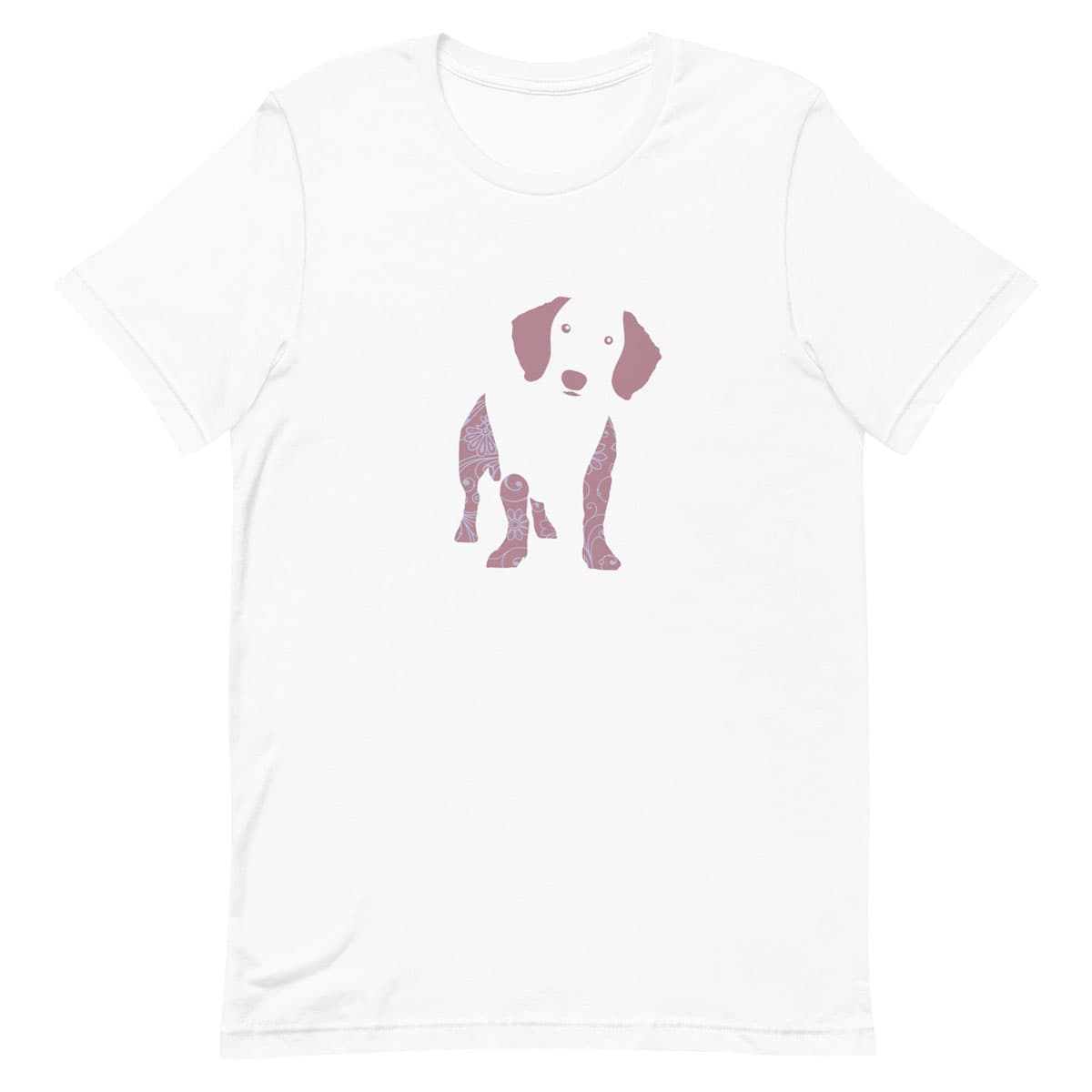 White crew neck short sleeved t-shirt, feature a Dachshund silhouette with floral and swirl pattern design in vibrant colors.