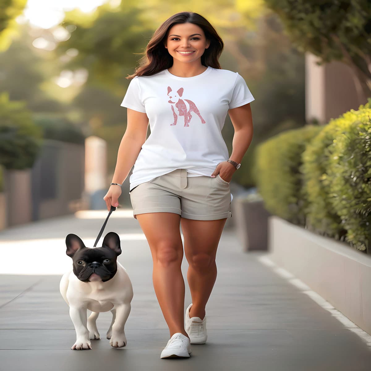 Woman walking on the site-walk wearing a White crew neck short sleeved t-shirt, features a charming bulldog silhouette with floral, and swirl pattern design. Together with a French Bulldog enjoying the sun