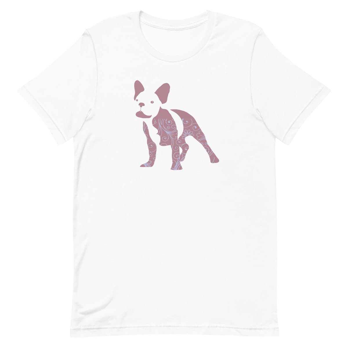 White crew neck short sleeved t-shirt, features a charming bulldog silhouette with floral, and swirl pattern design.