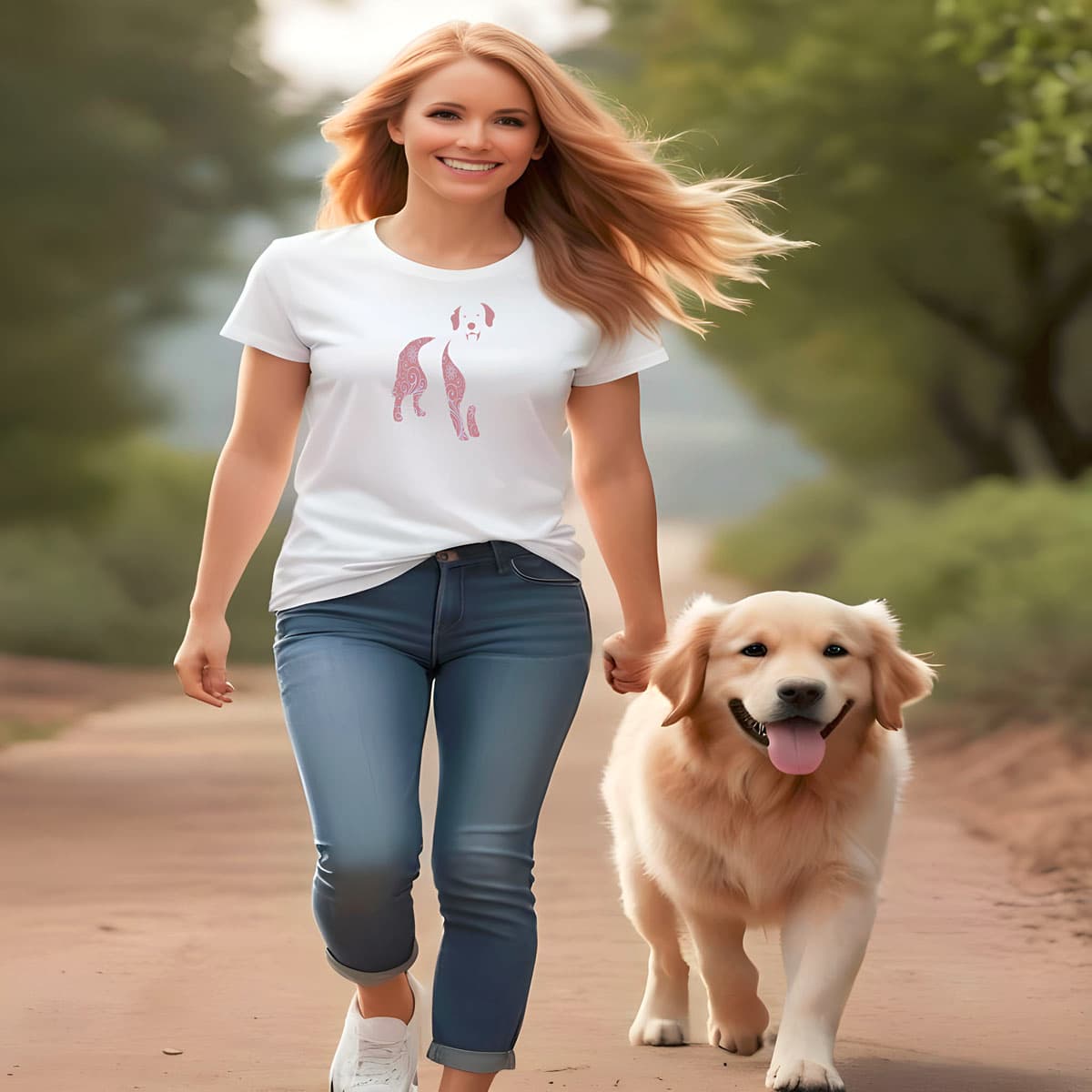 Women walking in the country side, with a happy tongue out golden retriever. She is wearing a white crew neck short sleeved t-shirt, feature a Golden Retriever silhouette with floral and swirl pattern design in vibrant colors.