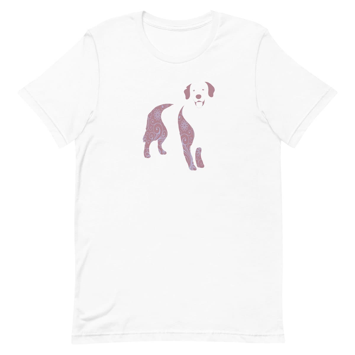 White crew neck short sleeved t-shirt, feature a Golden Retriever silhouette with floral and swirl pattern design in vibrant colors.