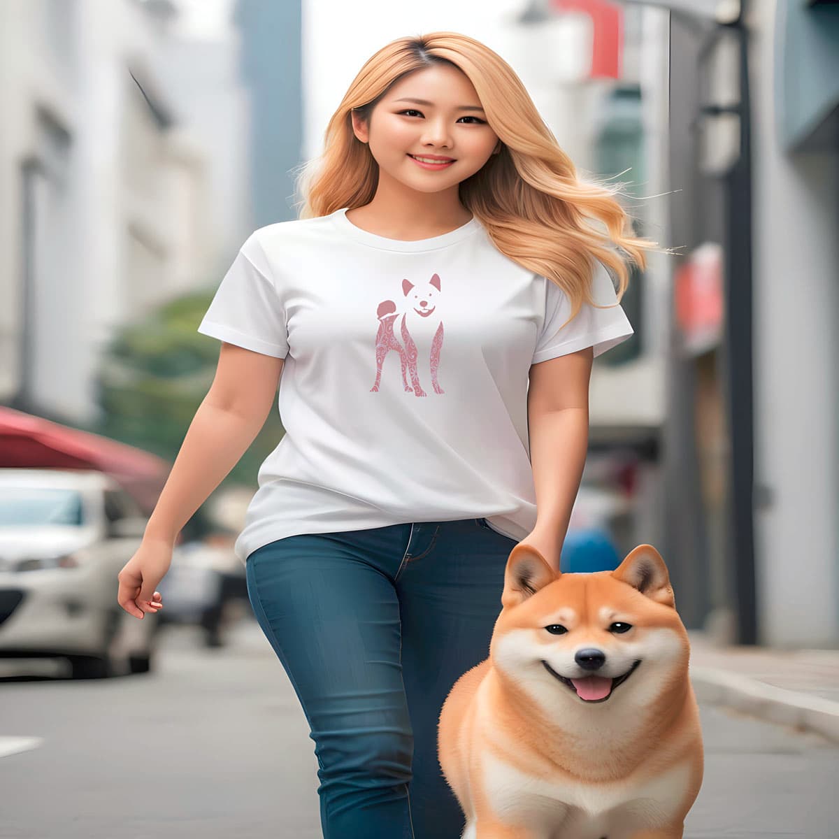 Young women walking in a city, with a Shiba Inu. She is wearing a White crew neck short sleeved t-shirt. features a charming bulldog silhouette with floral and swirl pattern design.
