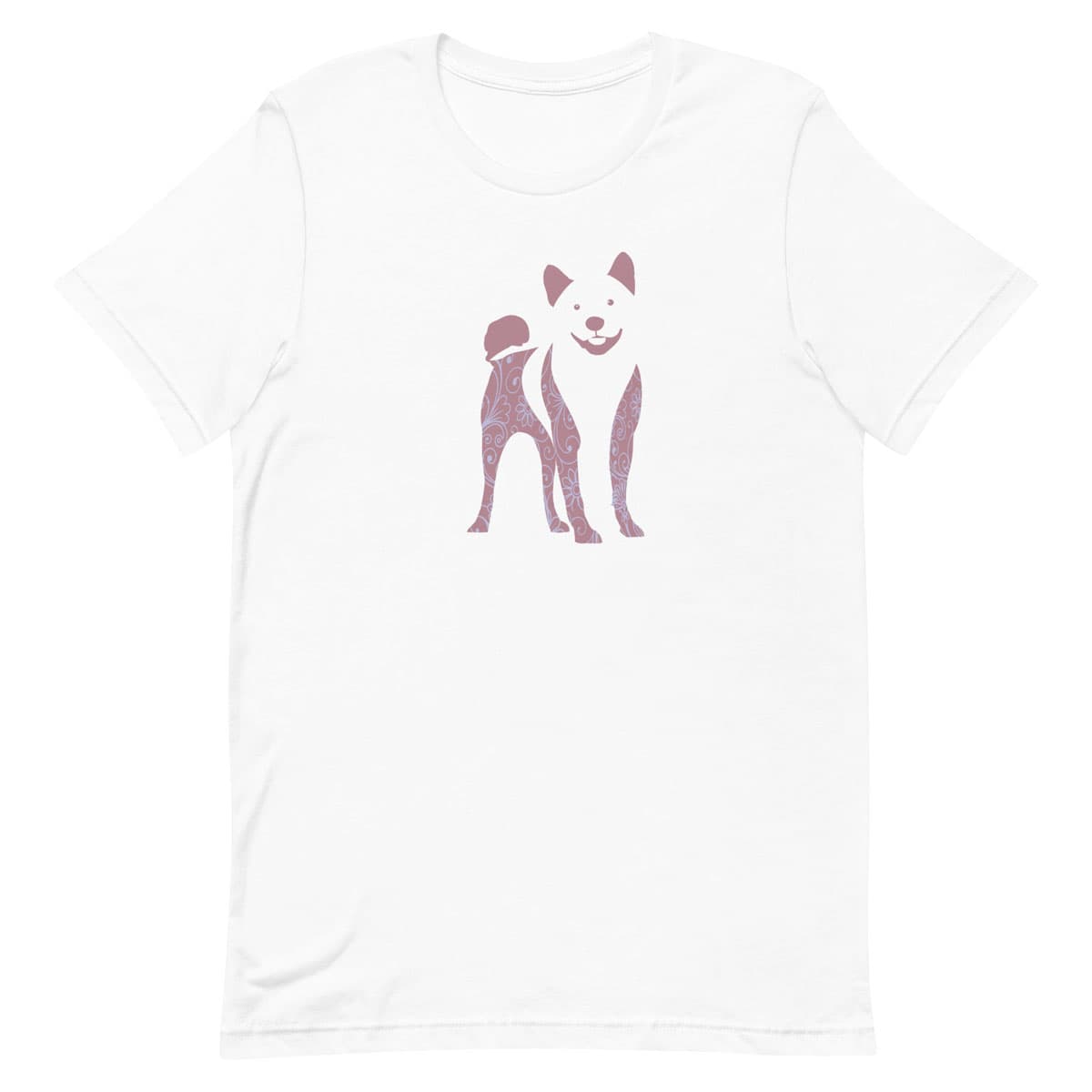 White crew neck short sleeved t-shirt, feature graphic print of a Shiba Inu with pastel and purple flower pattern design.