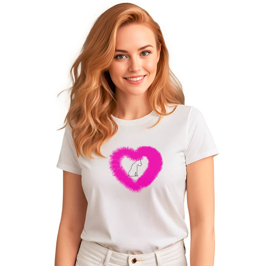 features a sitting black one-lined hand drawn dog, in a fluffy pink heart.