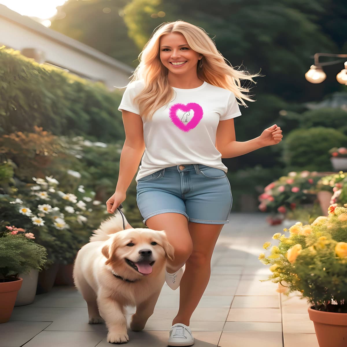 Women playing in a garden, with a dog. She is wearing a white crew neck short sleeved t-shirt, feature a sitting black one-lined hand drawn dog, in a fluffy pink heart.