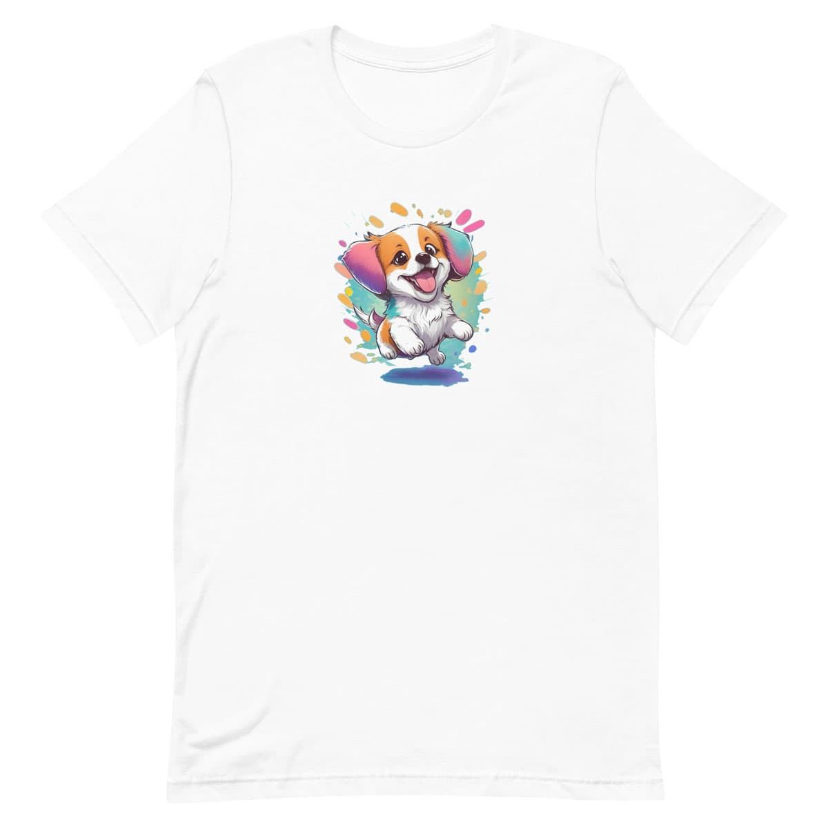 White crew neck short sleeved t-shirt, features a happy puppy in vibrant colors, bold and artistry