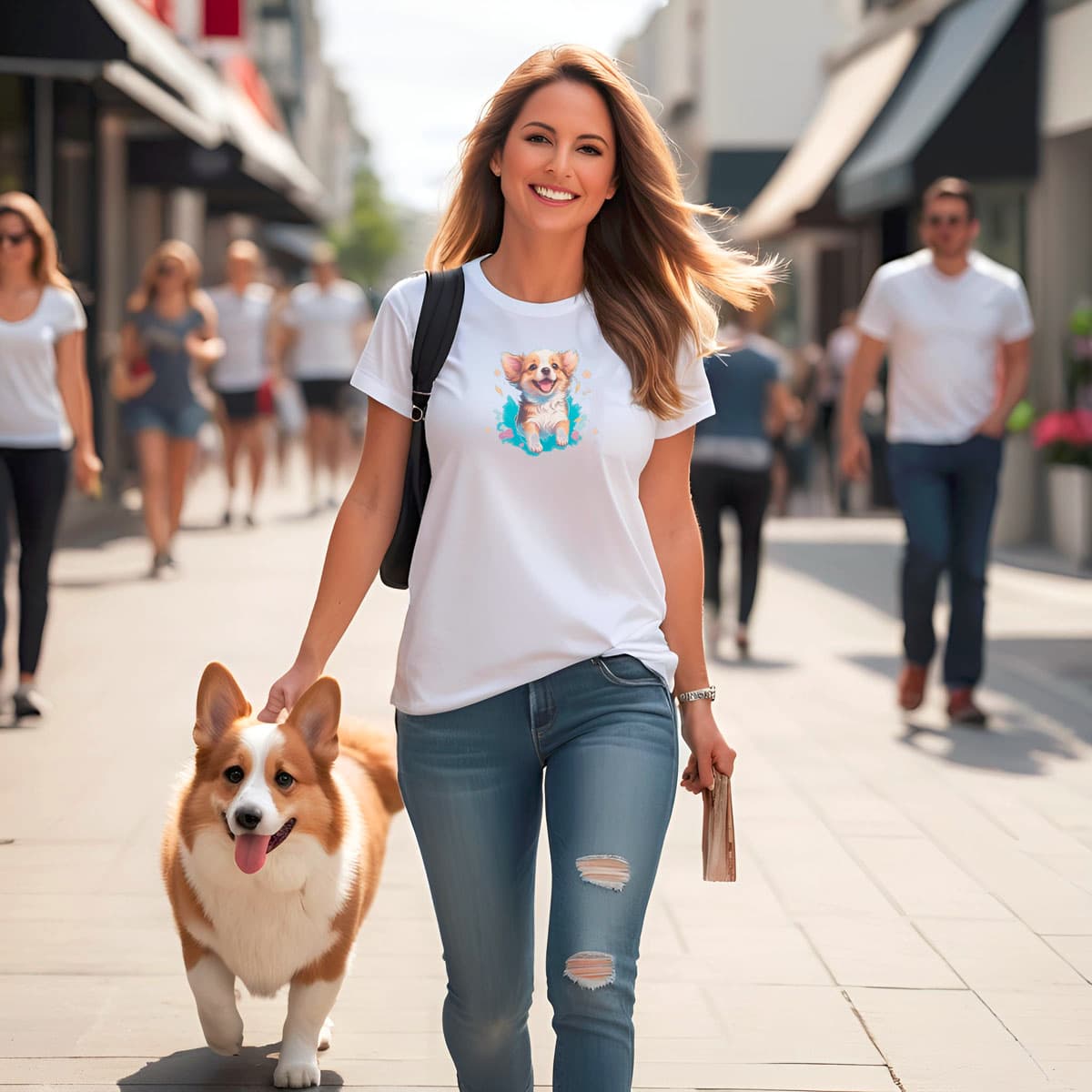 Women walking at a pedestrian street, with a corgi. She is wearing a white crew neck short sleeved t-shirt, feature a happy Corgi puppy nestled in a wicker basket of vibrant blooms. and colorful design. enjoy relax happy